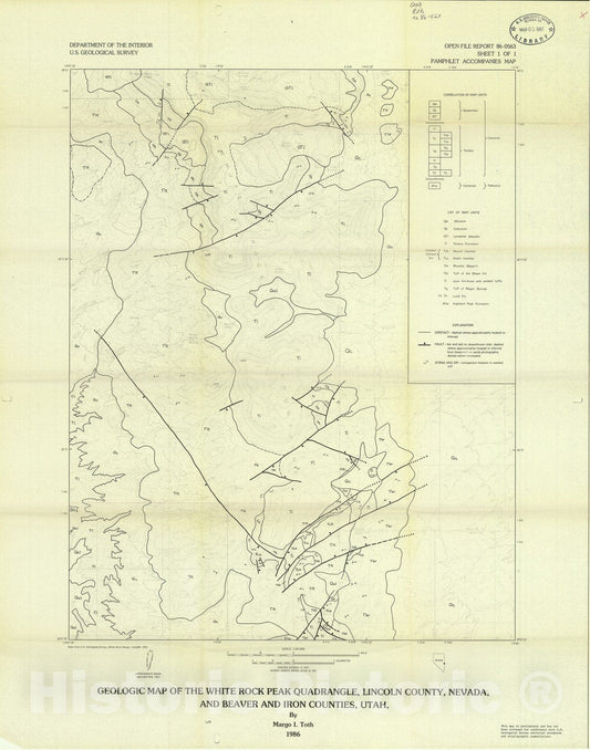 Map : Geologic map of the White Rock Peak quadrangle, Lincoln County, Nevada, and Beaver and Iron counties, Utah, 1986 Cartography Wall Art :