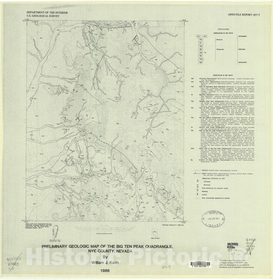 Map : Preliminary geologic map of the Big Ten Peak quadrangle, Nye County, Nevada, 1987 Cartography Wall Art :