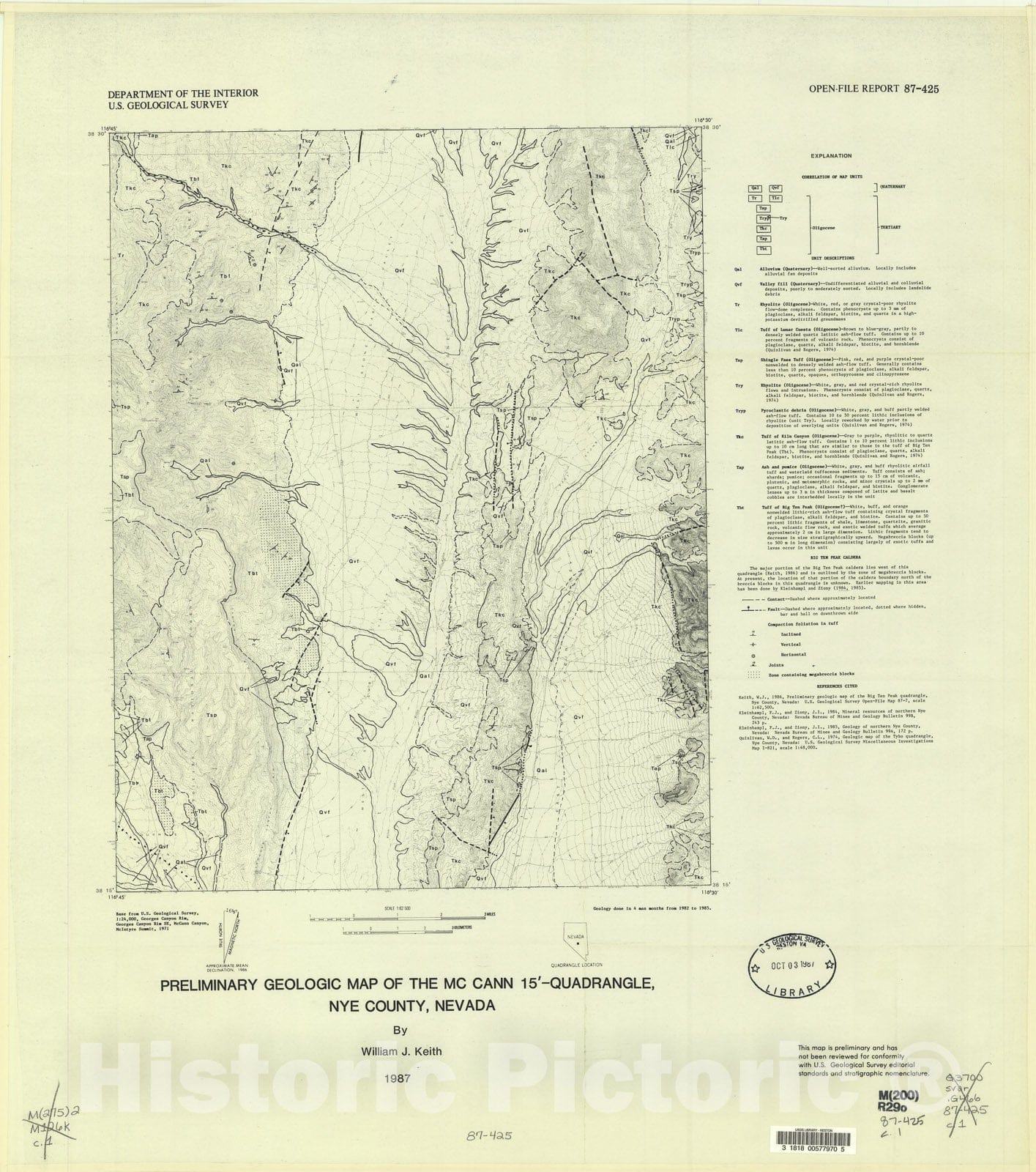 Map : Preliminary geologic map of the McCann 15' quadrangle, Nye County, Nevada, 1987 Cartography Wall Art :