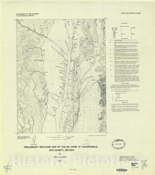 Map : Preliminary geologic map of the McCann 15' quadrangle, Nye County, Nevada, 1987 Cartography Wall Art :