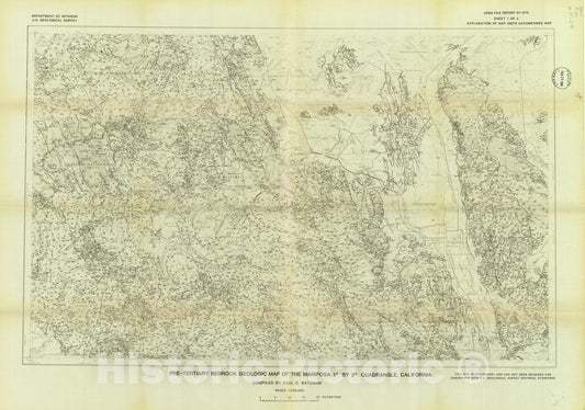 Map : Pre-Tertiary bedrock geologic map of the Mariposa one degree by two degree quadrangles, one988 Cartography Wall Art :