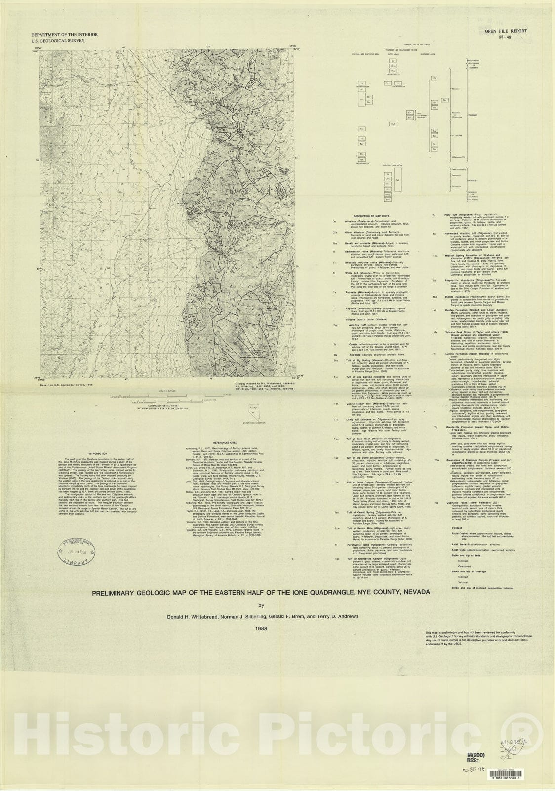 Map : Preliminary geologic map of the eastern half of the Ione quadrangle, Nye County, Nevada, 1988 Cartography Wall Art :