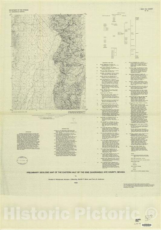 Map : Preliminary geologic map of the eastern half of the Ione quadrangle, Nye County, Nevada, 1988 Cartography Wall Art :