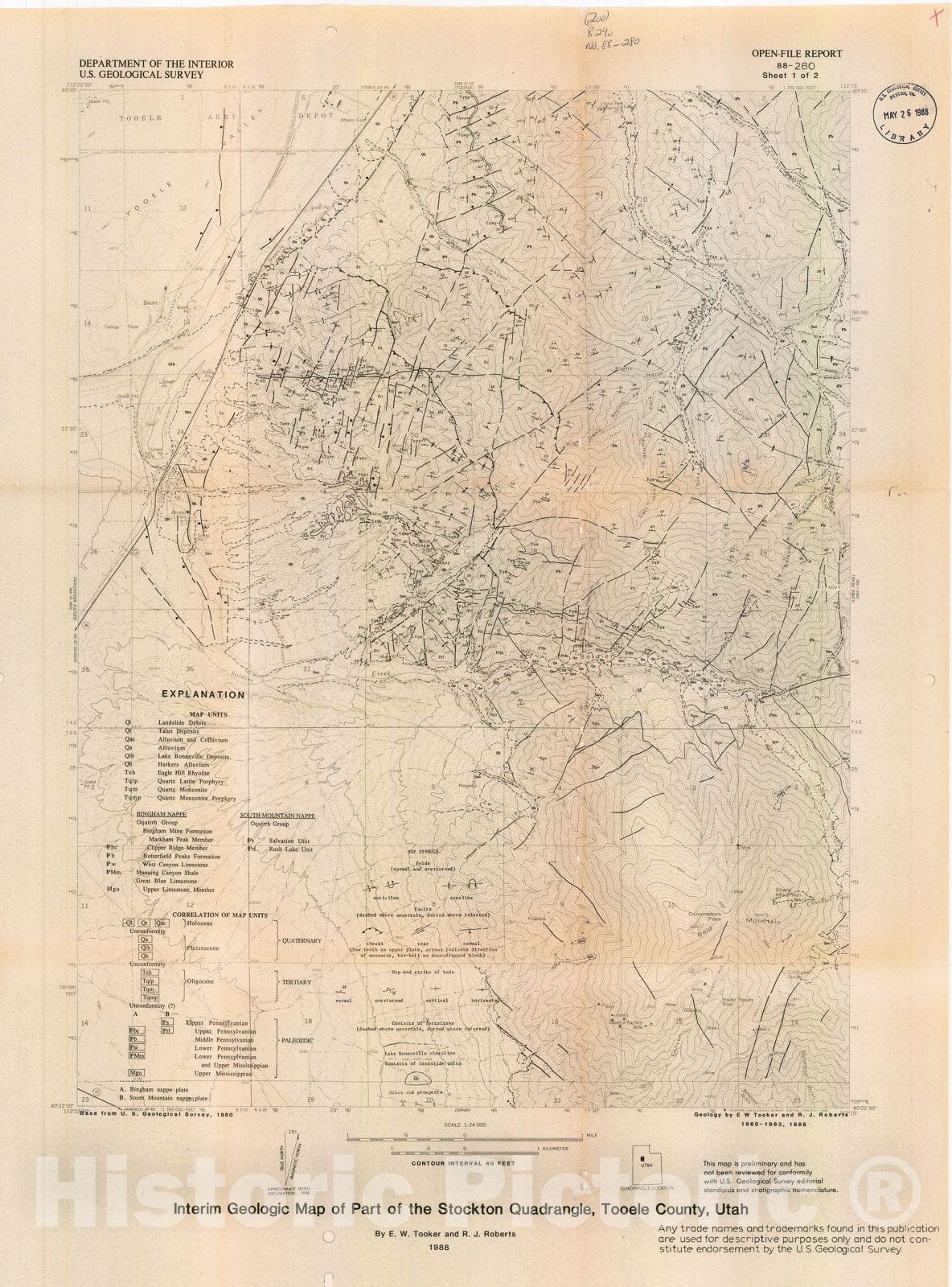 Map : Interim geologic maps and explanation pamphlet for parts of the Stockton and Lowe Peak 71/2-minute quadrangles, Utah, 1988 Cartography Wall Art :