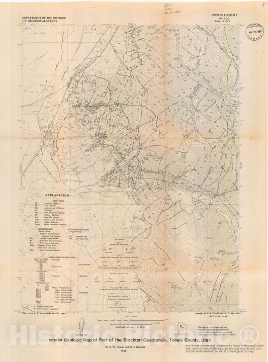 Map : Interim geologic maps and explanation pamphlet for parts of the Stockton and Lowe Peak 71/2-minute quadrangles, Utah, 1988 Cartography Wall Art :