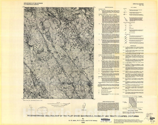 Map : Reconnaissance geologic map of the Pilot Creek quadrangle, Humboldt and Trinity Counties, California, 1988 Cartography Wall Art :
