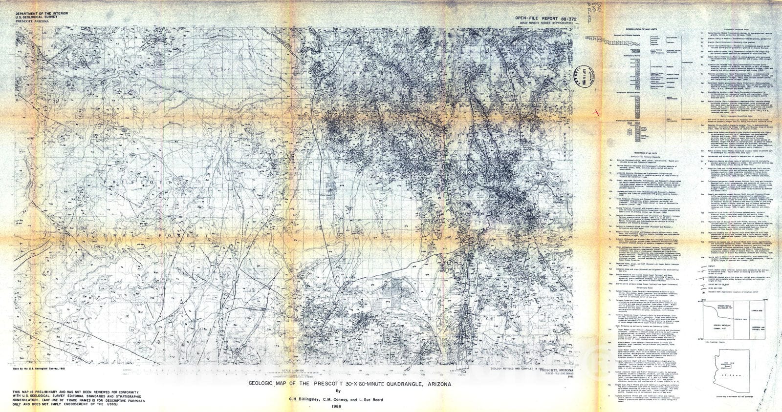Map : Geologic map of the Prescott 30- x 60- minute quadrangle, Arizona, 1988 Cartography Wall Art :