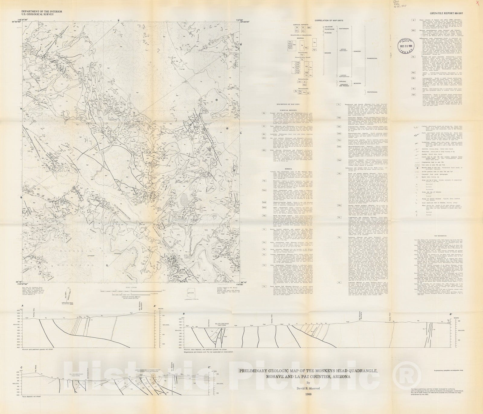 Map : Preliminary geologic map of the Monkeys Head quadrangle, Mohave and La Paz Counties, Arizona, 1988 Cartography Wall Art :