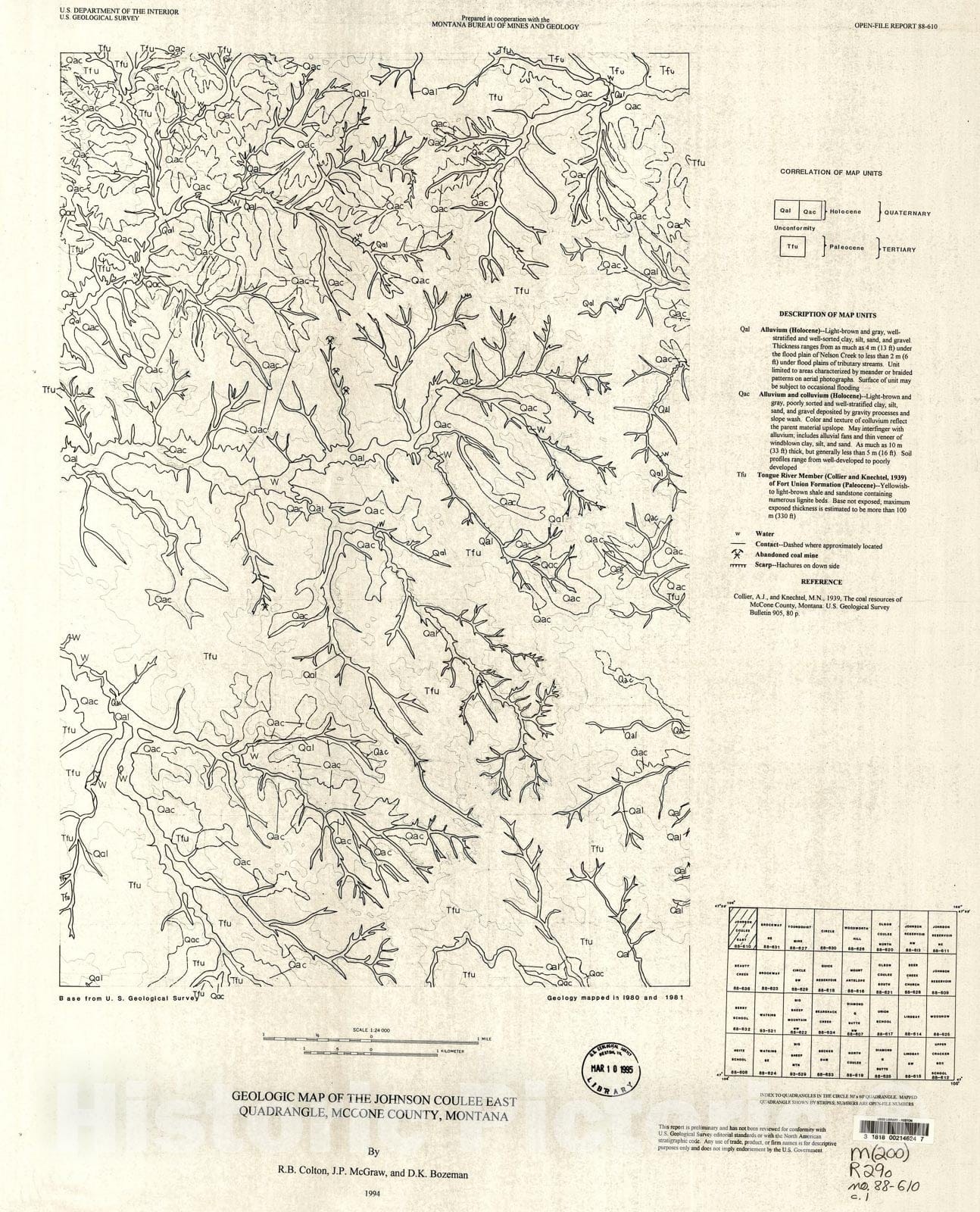 Map : Geologic map of the Johnson Coulee East quadrangle, McCone County, Montana, 1994 Cartography Wall Art :