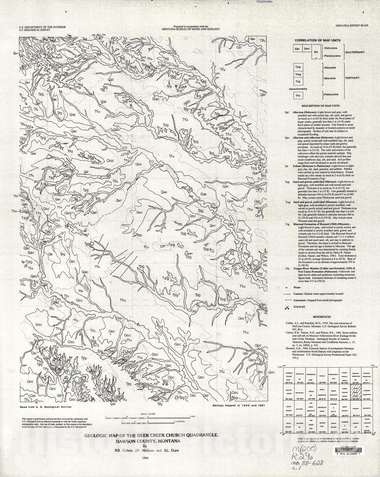 Map : Geologic map of the Deer Creek Church quadrangle, Dawson County, Montana, 1994 Cartography Wall Art :