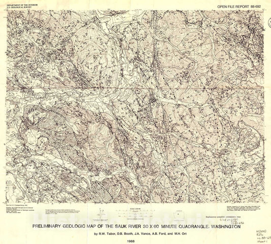 Map : Preliminary geologic map of the Sauk River thirty by sixty minute quadrangle, Washington, 1988 Cartography Wall Art :