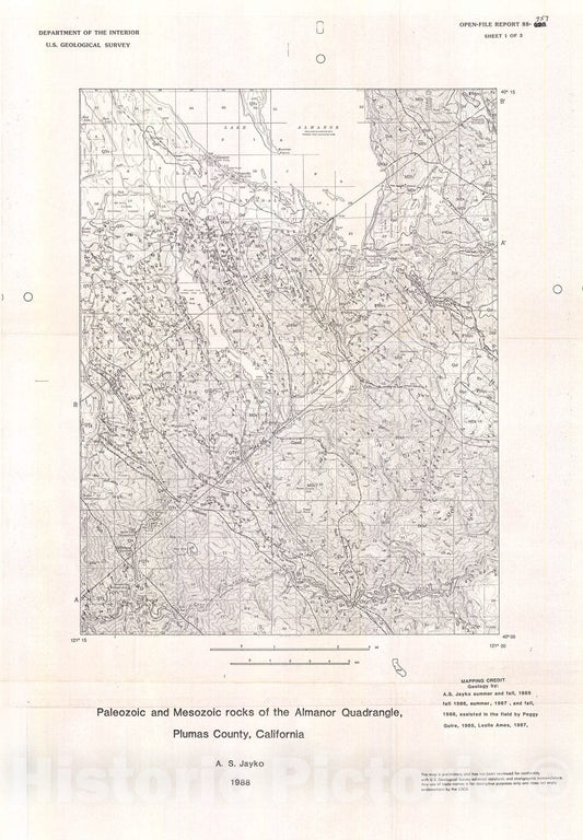 Map : Paleozoic and Mesozoic rocks of the Almanor 15' quadrangle, Plumas County, California, 1988 Cartography Wall Art :