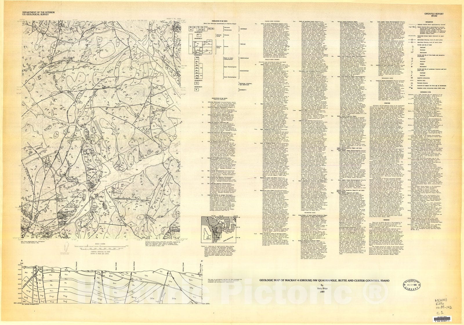 Map : Geologic map of Mackay four (Grouse) NW quadrangle, Butte and Custer Counties, Idaho, 1989 Cartography Wall Art :