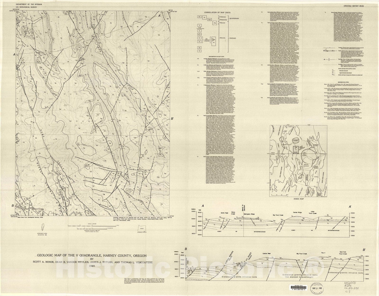 Map : Geologic map of The V quadrangle, Harney County, Oregon, 1989 Cartography Wall Art :
