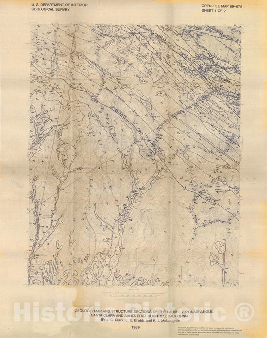 Map : Geologic maps and structure sections of the Laurel seven 1/2' quadrangle, Santa Clara and Santa Cruz Counties, California, 1989 Cartography Wall Art :