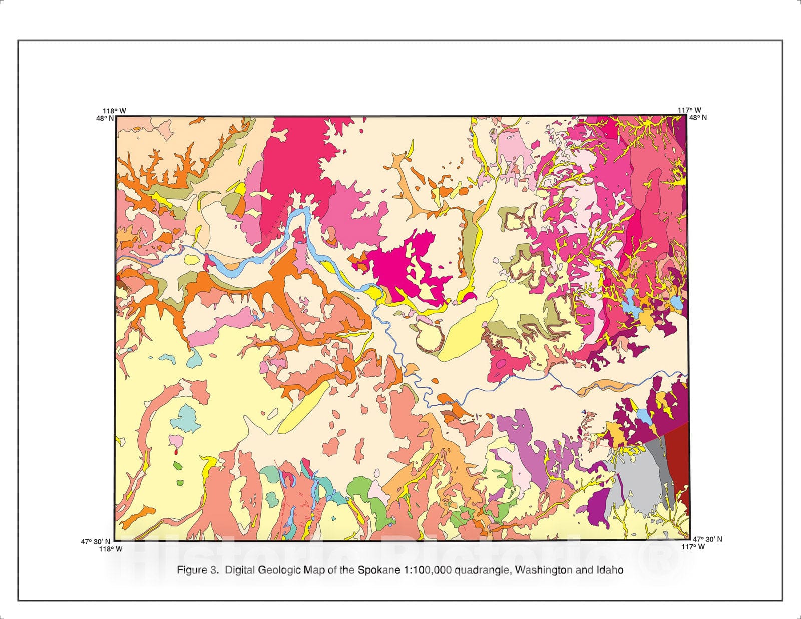 Map : Digital geologic map of the Spokane 1:100,000 quadrangle, Washington and Idaho: a digital database for the 1990 N.L. Joseph map, 1998 Cartography Wall Art :