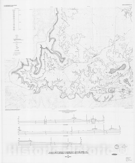 Map : Geologic map of parts of the Gaither, Hasty, Harrison, Jasper and Ponca quadrangles, Boone and Newton Counties, northern Arkansas, 1998 Cartography Wall Art :