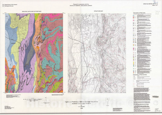 Map : Digital and preliminary bedrock geologic map of the Rutland quadrangle, Vermont, 1998 Cartography Wall Art :