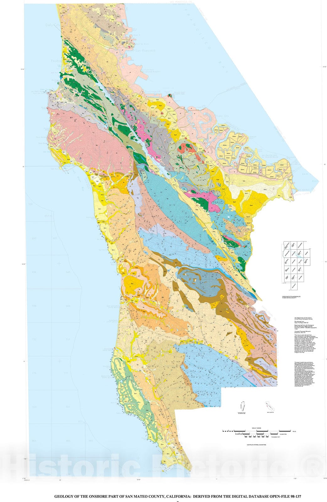 Map : Geology of the onshore part of San Mateo County, California: a digital database, 1998 Cartography Wall Art :