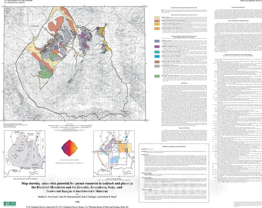 Map : Map showing areas with potential for garnet resources in bedrock and placer in the Blacktail Mountains and the Gravelly, Greenhorn, 1998 Cartography Wall Art :