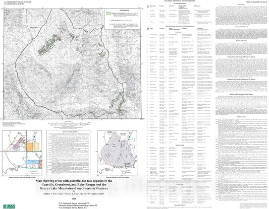 Map : Map showing areas with potential for talc deposits in the Gravelly, Greenhorn, Ruby and Snowcrest ranges of southwestern Montana, 1998 Cartography Wall Art :