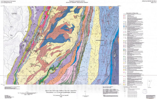 Map : Digital bedrock geologic map of the Townshend quadrangle, Vermont, 1998 Cartography Wall Art :