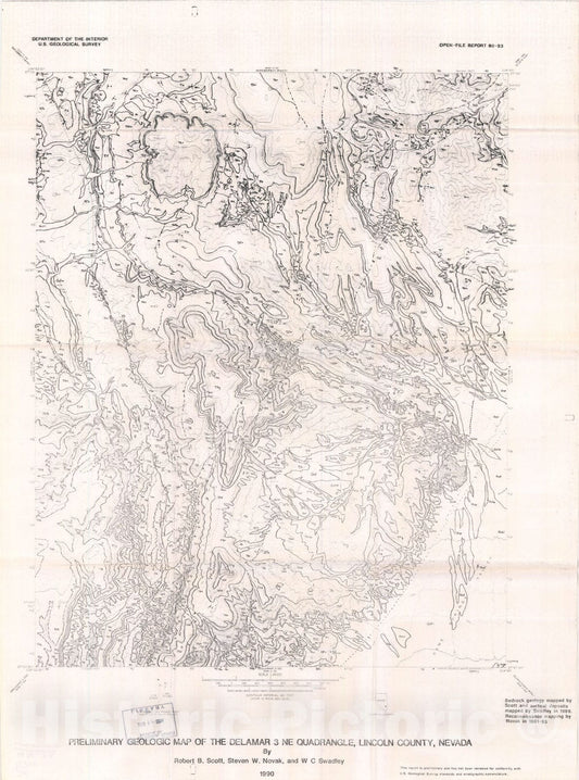 Map : Preliminary geologic map of the Delamar three NE quadrangle, Lincoln County, Nevada, 1990 Cartography Wall Art :