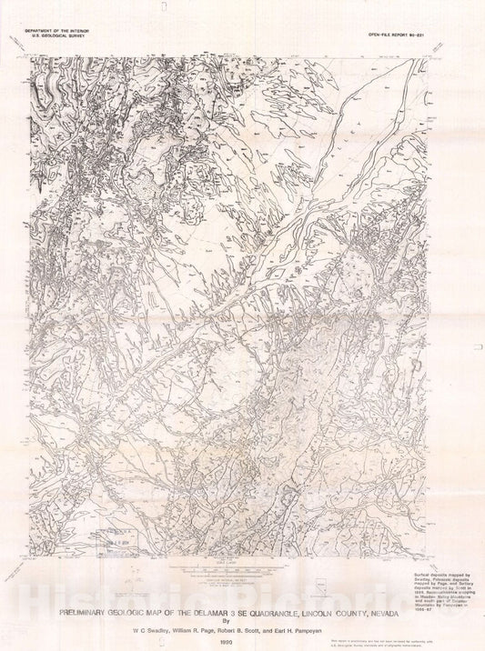 Map : Preliminary geologic map of the Delamar three SE quadrangle, Lincoln County, Nevada, 1990 Cartography Wall Art :