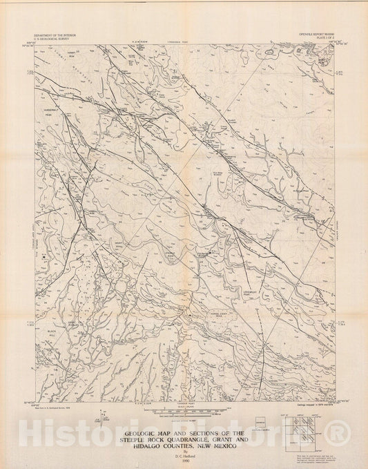 Map : Geologic map and sections of the Steeple Rock quadrangle, Grant and Hidalgo Counties, New Mexico, 1990 Cartography Wall Art :