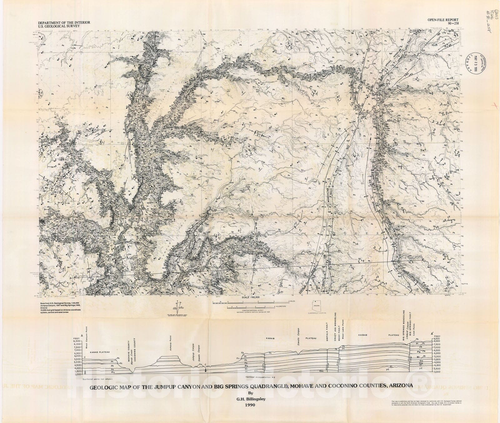 Map : Geologic map of the Jumpup Canyon and Big Springs quadrangles, Mohave and Coconino Counties, Arizona, 1990 Cartography Wall Art :