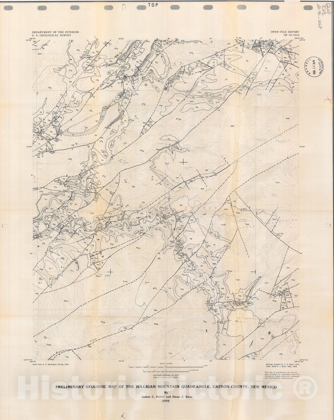 Map : Preliminary geologic map of the Milligan Mountain quadrangle, Catron County, New Mexico, 1990 Cartography Wall Art :