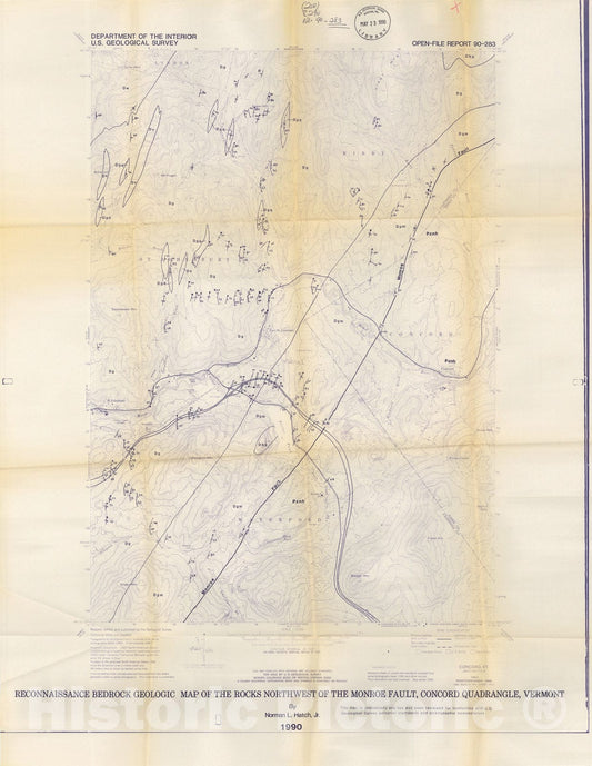 Map : Reconnaissance bedrock geologic map of the rocks northwest of the Monroe fault, Concord quadrangle, Vermont, 1990 Cartography Wall Art :
