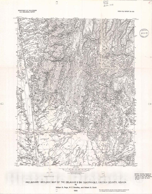 Map : Preliminary geologic map of the Delamar three SW quadrangle, Lincoln County, Nevada, 1990 Cartography Wall Art :