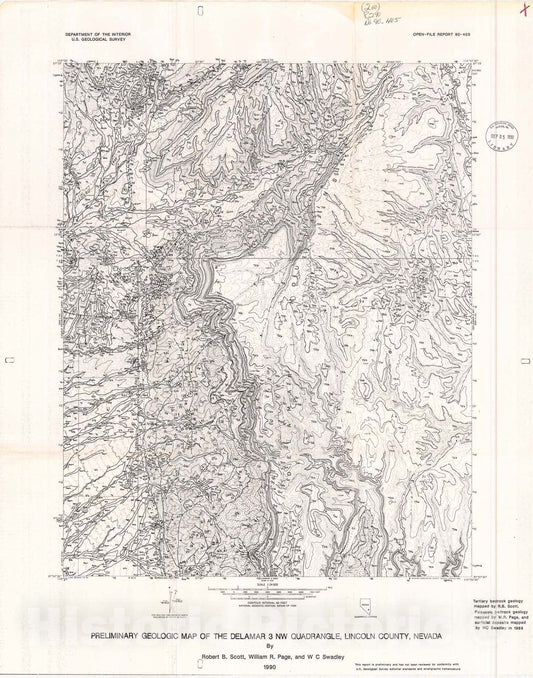 Map : Preliminary geologic map of the Delamar three NW quadrangle, Lincoln County, Nevada, 1990 Cartography Wall Art :