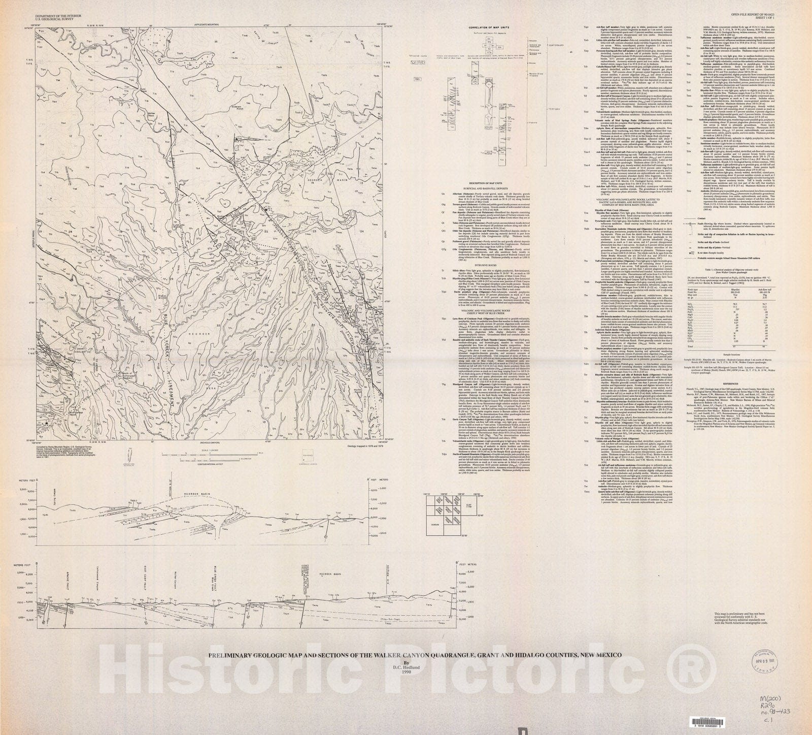Map : Preliminary geologic map and sections of the Walker Canyon quadrangle, Grant and Hidalgo Counties, New Mexico, 1991 Cartography Wall Art :