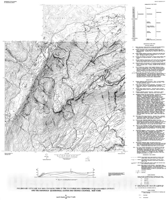 Map : Preliminary geologic map and cross section of the Ellenville and Kerhonkson quadrangles (in part) and the Napanoch quadrangle,, 1990 Cartography Wall Art :