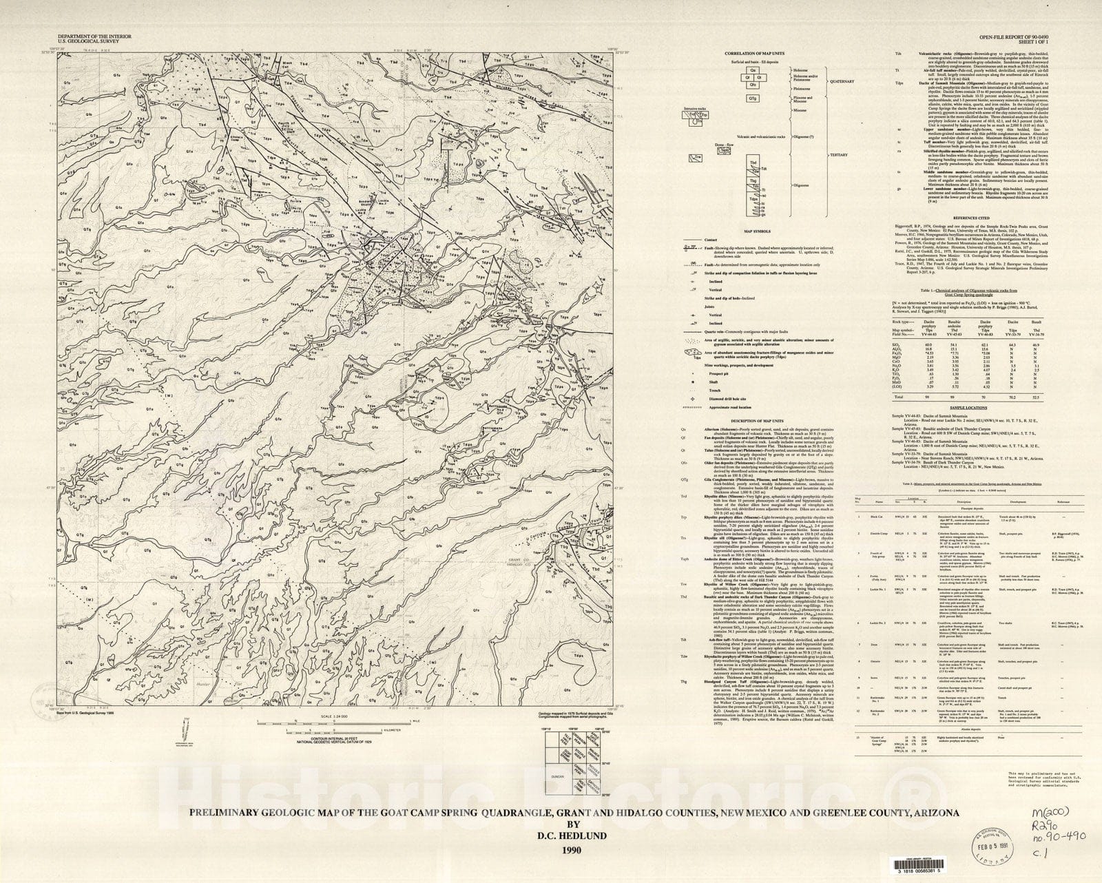 Map : Preliminary geologic map of the Goat Camp Spring quadrangle, Grant County, New Mexico and Greenlee County, Arizona, 1990 Cartography Wall Art :