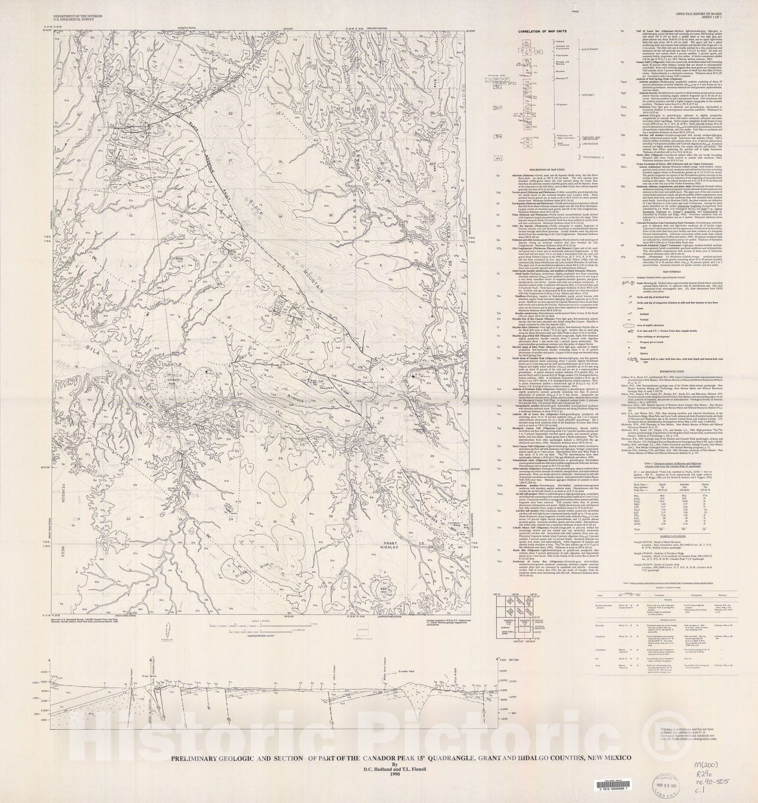 Map : Preliminary geologic map and sections of part of the Canador Peak 15' quadrangle, Grant and Hidalgo Counties, New Mexico, 1991 Cartography Wall Art :