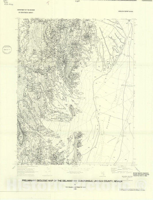 Map : Preliminary geologic map of the Delamar NW quadrangle, Lincoln County, Nevada, 1990 Cartography Wall Art :