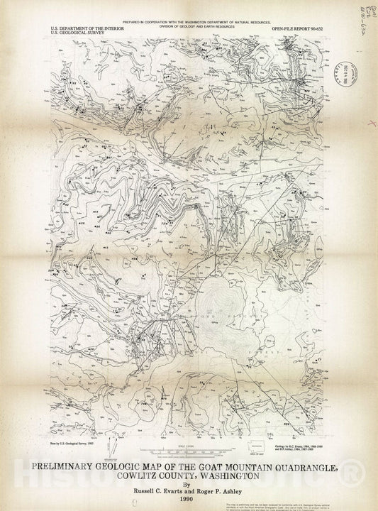 Map : Preliminary geologic map of the Goat Mountain quadrangle, Cowlitz County, Washington, 1990 Cartography Wall Art :