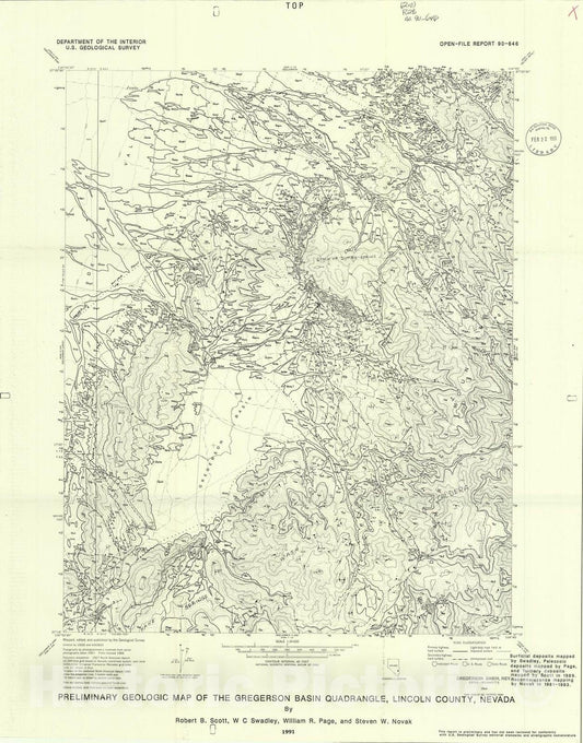 Map : Preliminary geologic map of the Gregerson Basin quadrangle, Lincoln County, Nevada, 1991 Cartography Wall Art :