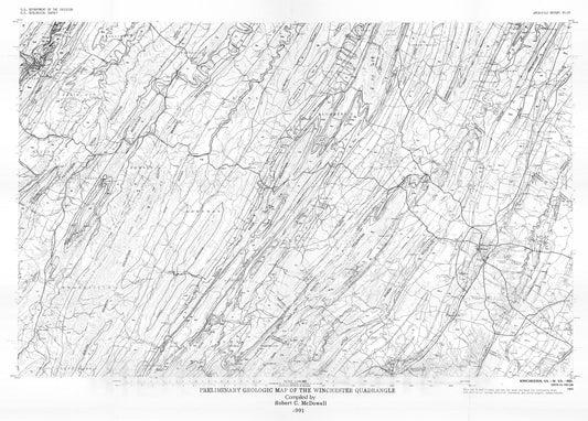 Map : Preliminary geologic map of the Winchester thirty x sixty minute quadrangle, West Virginia, Virginia, and Maryland, 1991 Cartography Wall Art :
