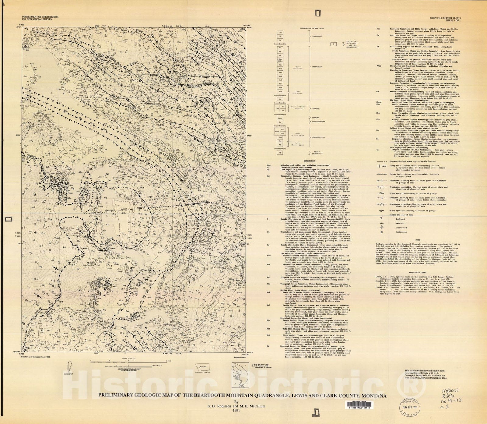 Map : Preliminary geologic map of the Beartooth Mountain quadrangle, Lewis and Clark County, Montana, 1991 Cartography Wall Art :