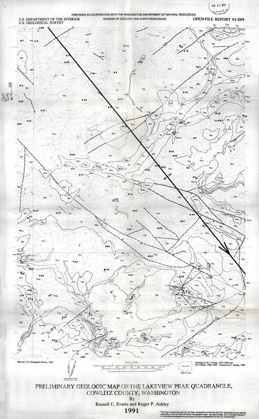 Map : Preliminary geologic map of the Lakeview Peak quadrangle, Cowlitz County, Washington, 1991 Cartography Wall Art :