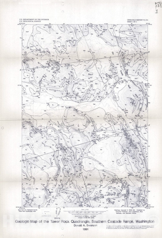 Map : Geologic map of the Tower Rock quadrangle, southern Cascade Range, Washington, 1991 Cartography Wall Art :