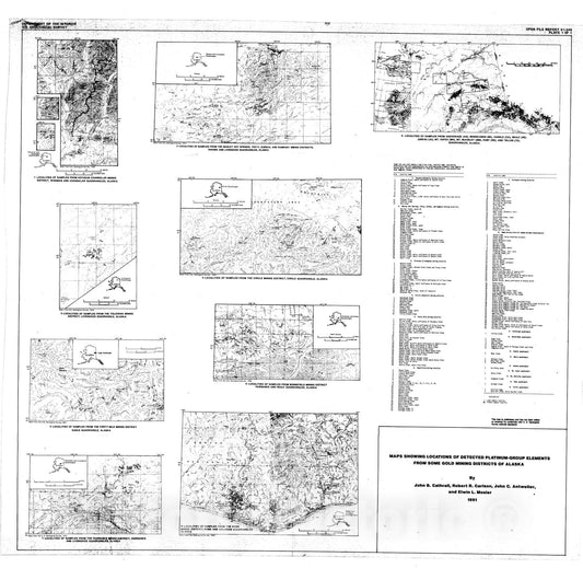 Map : Platinum group elements in native gold, alluvium concentrates, and mineralized rock concentrates from some gold mining districts of Alaska, 1991 Cartography Wall Art :