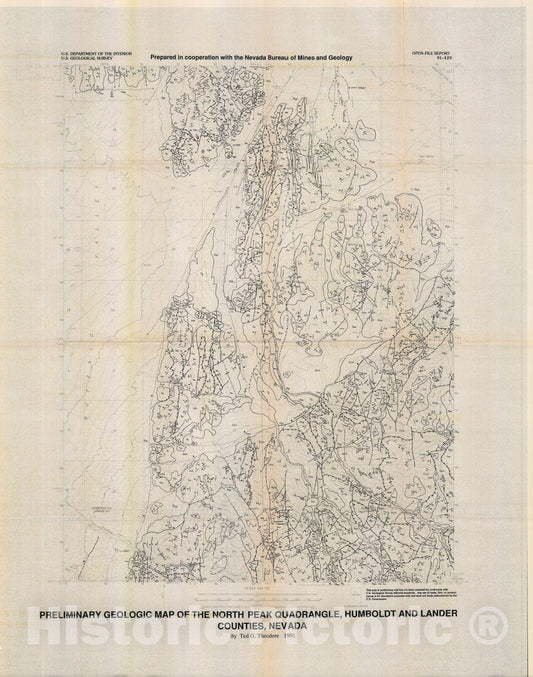 Map : Preliminary geologic map of the North Peak quadrangle, Humboldt and Lander Counties, Nevada, 1991 Cartography Wall Art :