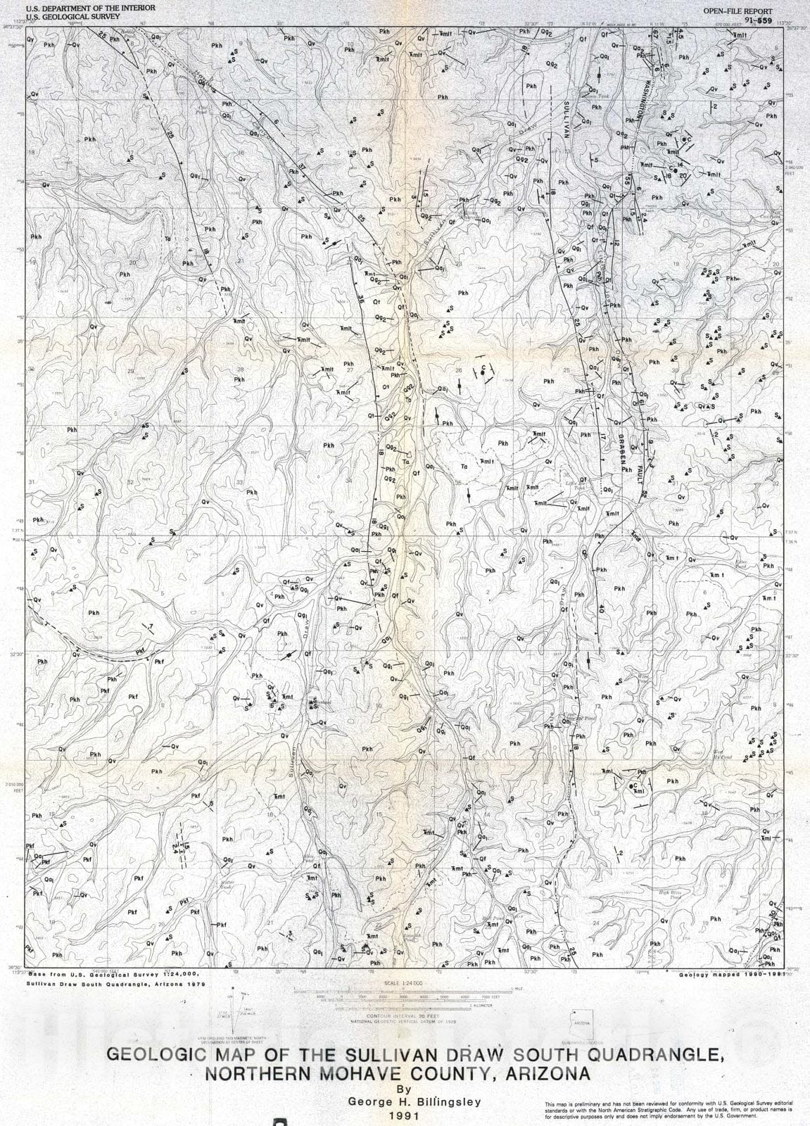 Map : Geologic map of the Sullivan Draw South quadrangle, northern Mohave County, Arizona, 1991 Cartography Wall Art :