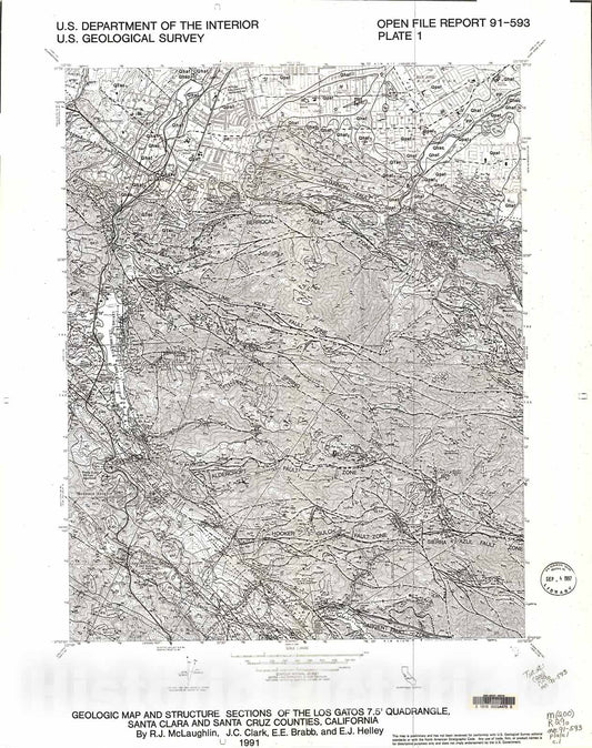 Map : Geologic map and structure sections of the Los Gatos seven 1/2' quadrangle, Santa Clara and Santa Cruz Counties, California, 1991 Cartography Wall Art :