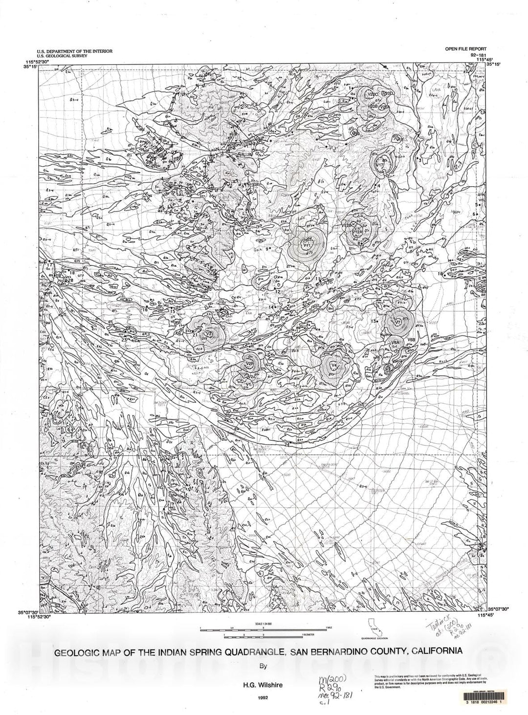 Map : Geologic map of the Indian Spring quadrangle, San Bernardino County, California, 1992 Cartography Wall Art :
